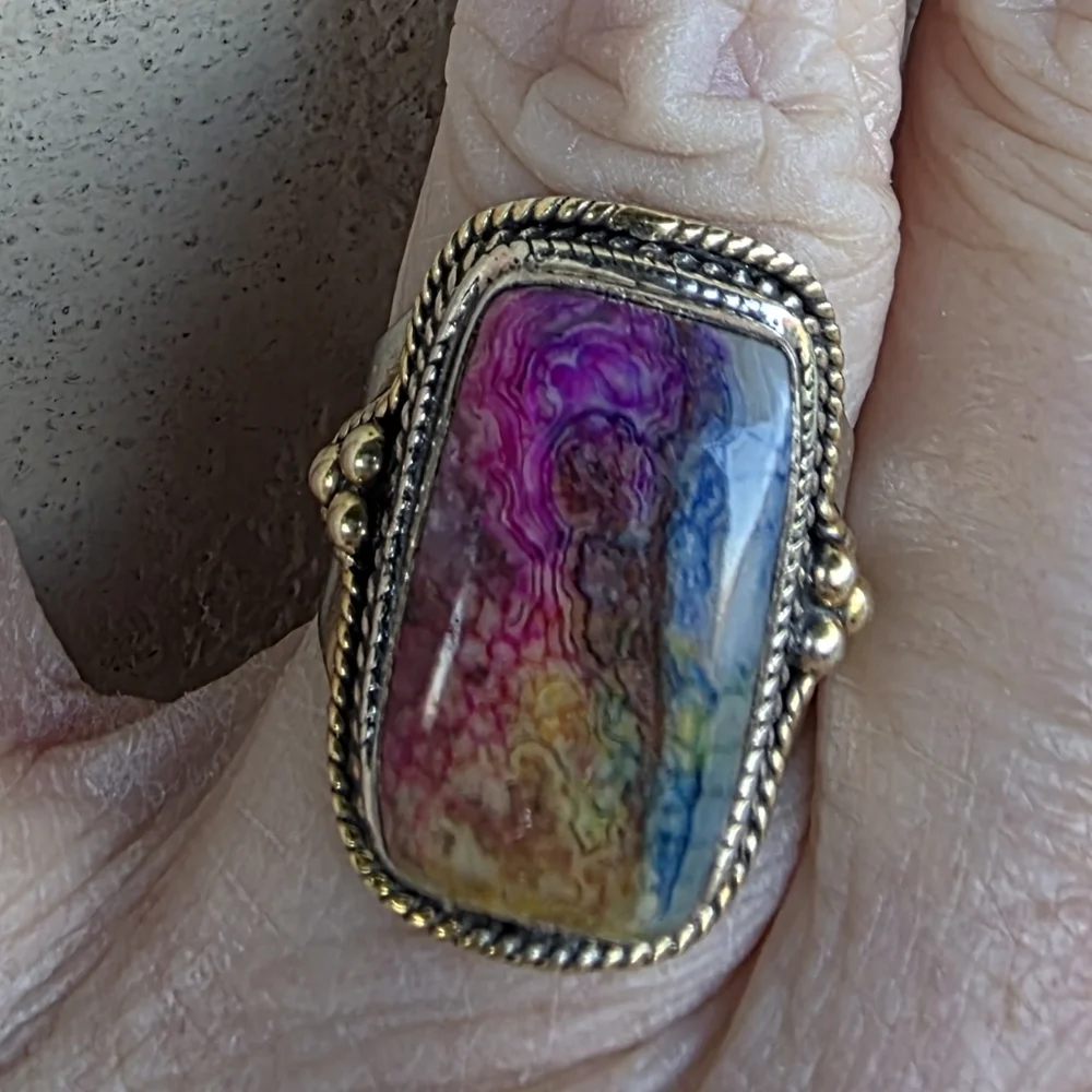 Crazy Lace Gemstone Ring in 925 Sterling Silver w/ Gold Vermeil Accents (7)
